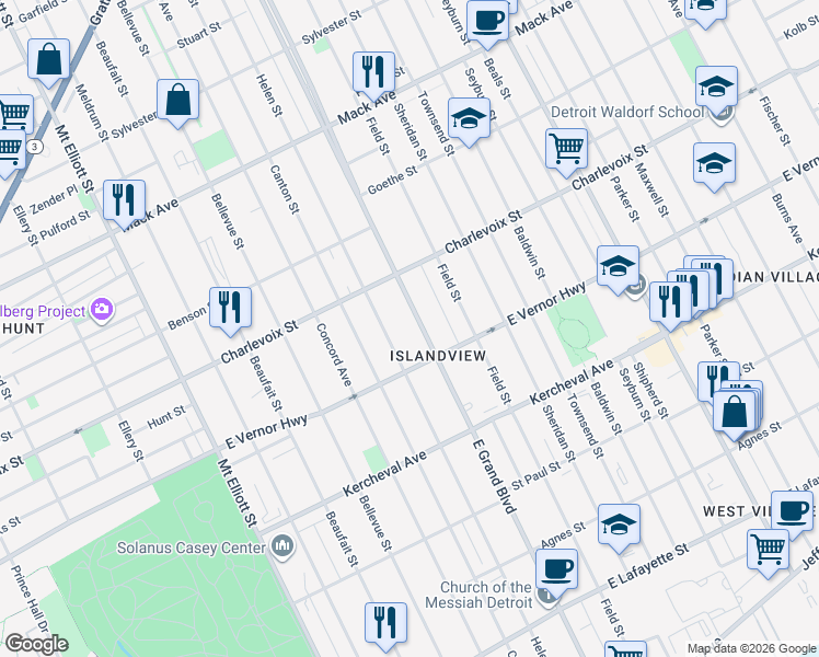 map of restaurants, bars, coffee shops, grocery stores, and more near 561 East Grand Boulevard in Detroit