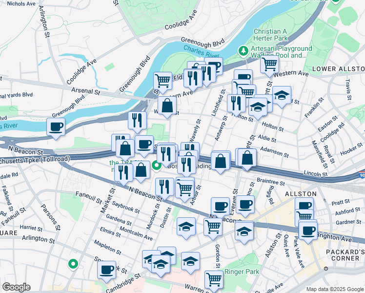 map of restaurants, bars, coffee shops, grocery stores, and more near 84 Lincoln Street in Boston