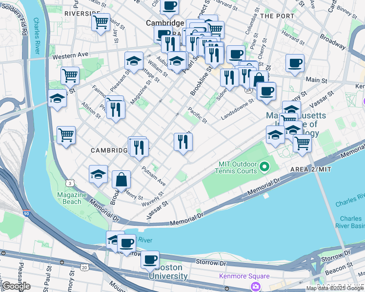 map of restaurants, bars, coffee shops, grocery stores, and more near 170 Sidney Street in Cambridge