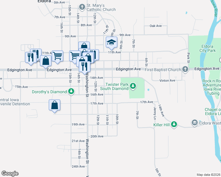 map of restaurants, bars, coffee shops, grocery stores, and more near 1506 10th St in Eldora