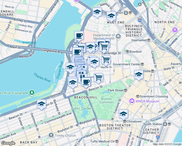map of restaurants, bars, coffee shops, grocery stores, and more near 13 Louisburg Square in Boston