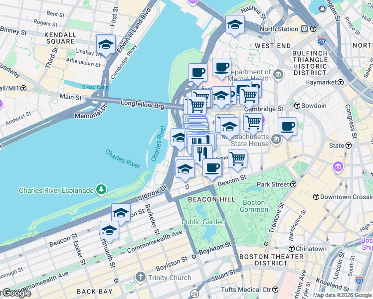 map of restaurants, bars, coffee shops, grocery stores, and more near 94 Pinckney Street in Boston