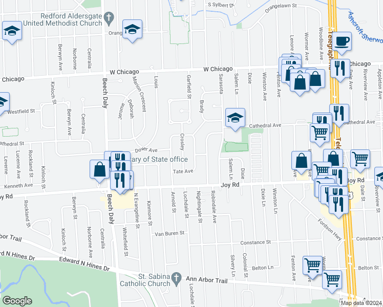 map of restaurants, bars, coffee shops, grocery stores, and more near 8969 Brady in Redford Charter Township