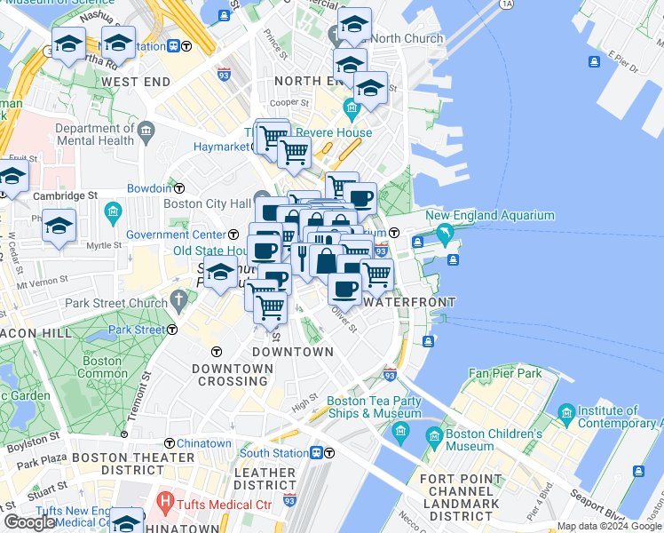 map of restaurants, bars, coffee shops, grocery stores, and more near 16 Central Street in Boston