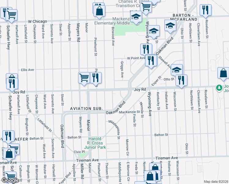 map of restaurants, bars, coffee shops, grocery stores, and more near 10337 Joy Road in Detroit