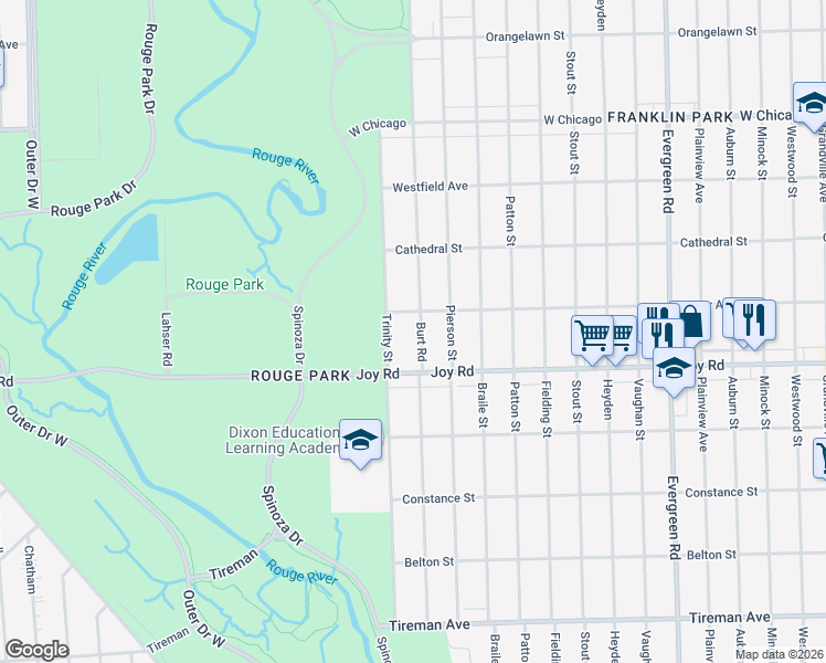 map of restaurants, bars, coffee shops, grocery stores, and more near 8866 Burt Road in Detroit
