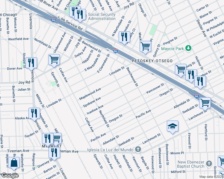 map of restaurants, bars, coffee shops, grocery stores, and more near 5256 Spokane Avenue in Detroit