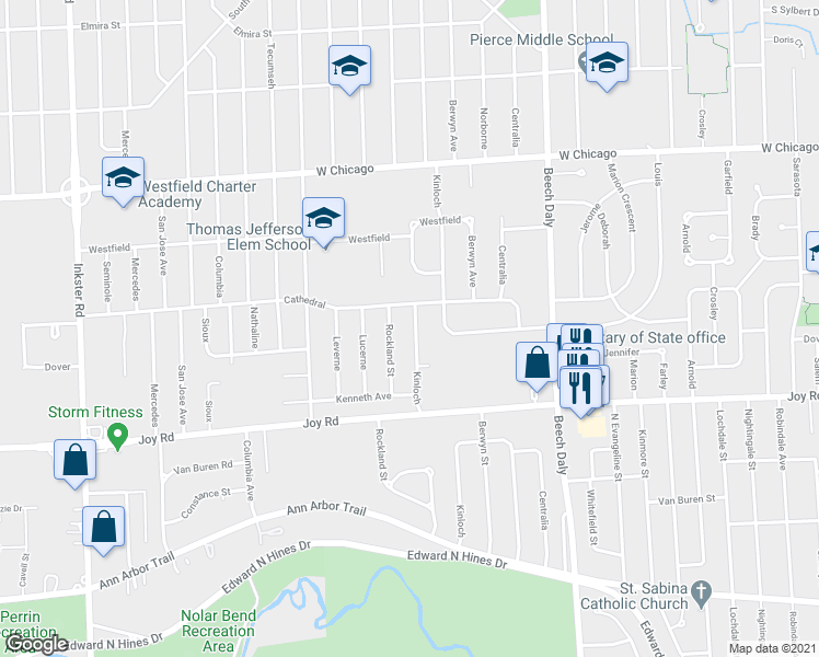 map of restaurants, bars, coffee shops, grocery stores, and more near 9045 Kinloch in Redford Charter Township