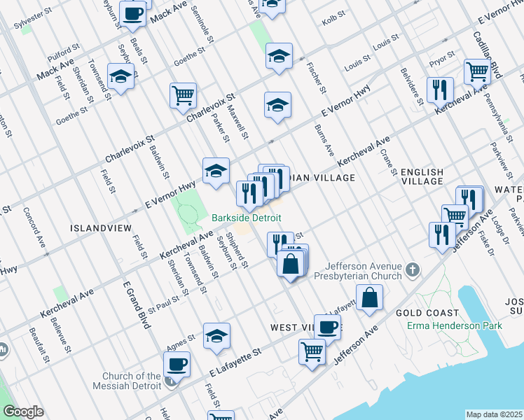 map of restaurants, bars, coffee shops, grocery stores, and more near 8044 Kercheval Avenue in Detroit