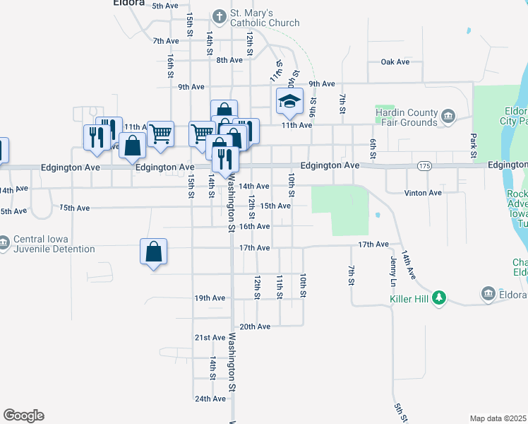 map of restaurants, bars, coffee shops, grocery stores, and more near 1109 15th Ave in Eldora