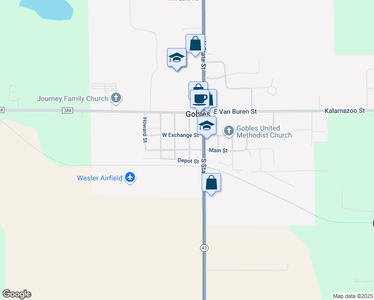 map of restaurants, bars, coffee shops, grocery stores, and more near 215 West Main Street in Gobles