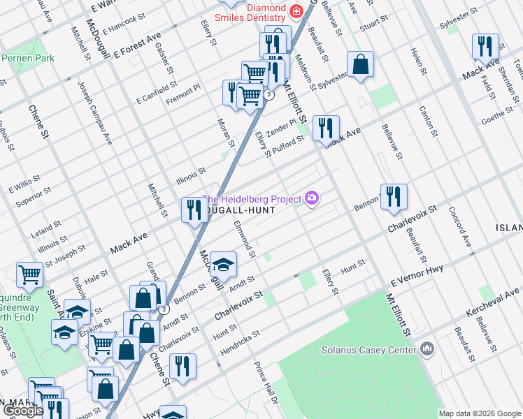 map of restaurants, bars, coffee shops, grocery stores, and more near 3381 Preston Street in Detroit