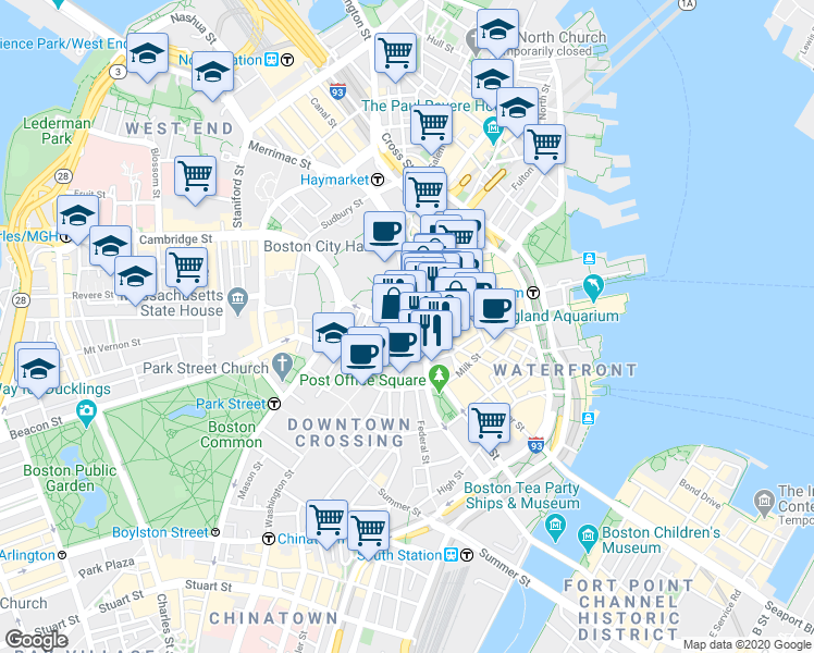 map of restaurants, bars, coffee shops, grocery stores, and more near 25 State Street in Boston