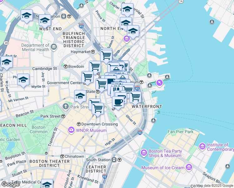 map of restaurants, bars, coffee shops, grocery stores, and more near 75 State Street in Boston