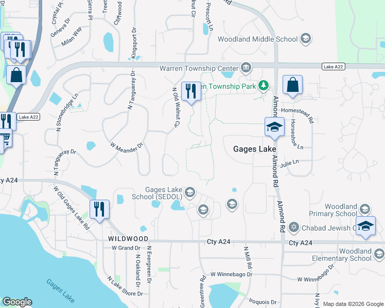 map of restaurants, bars, coffee shops, grocery stores, and more near 18099 West Washington Street in Gurnee