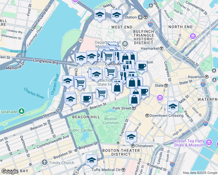 map of restaurants, bars, coffee shops, grocery stores, and more near 49 Mount Vernon Street in Boston