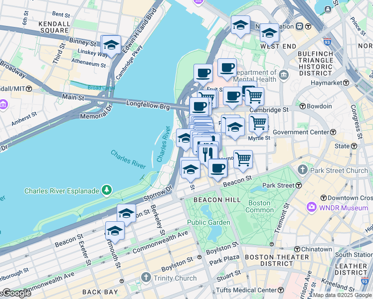 map of restaurants, bars, coffee shops, grocery stores, and more near 94 Pinckney Street in Boston