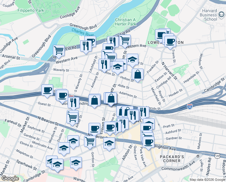 map of restaurants, bars, coffee shops, grocery stores, and more near 163 Everett Street in Boston