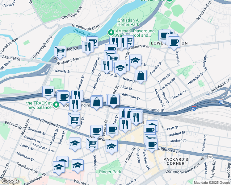map of restaurants, bars, coffee shops, grocery stores, and more near 163 Everett Street in Boston
