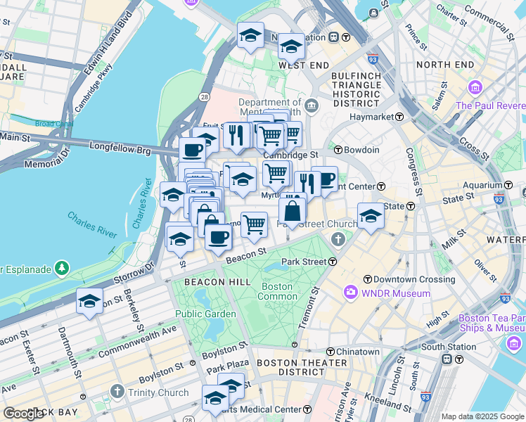 map of restaurants, bars, coffee shops, grocery stores, and more near in Boston