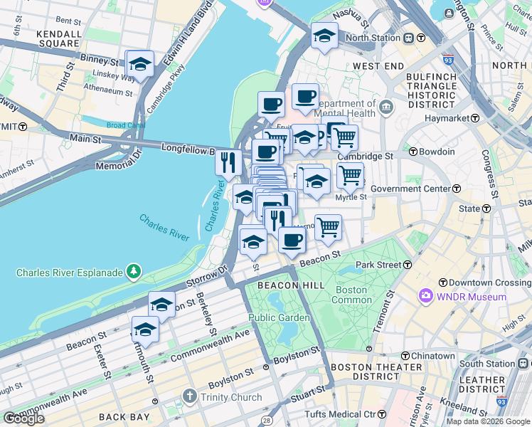 map of restaurants, bars, coffee shops, grocery stores, and more near 94 Pinckney Street in Boston