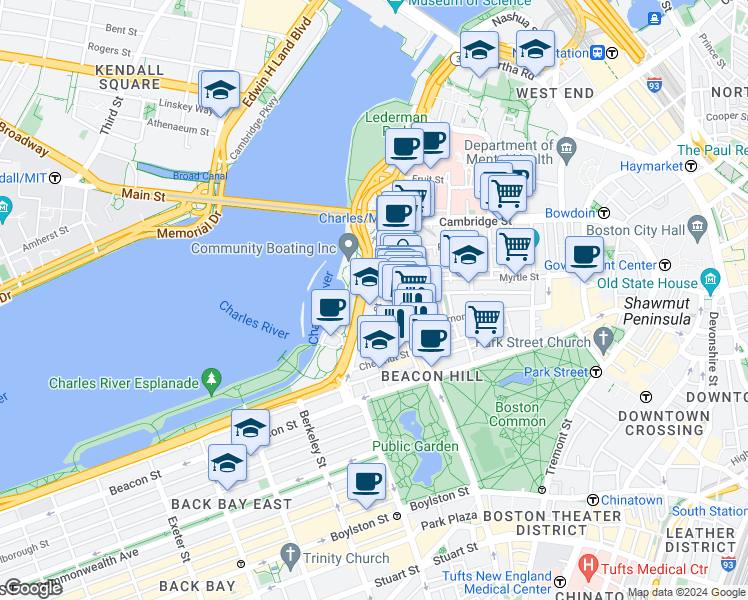 map of restaurants, bars, coffee shops, grocery stores, and more near 94 Pinckney Street in Boston