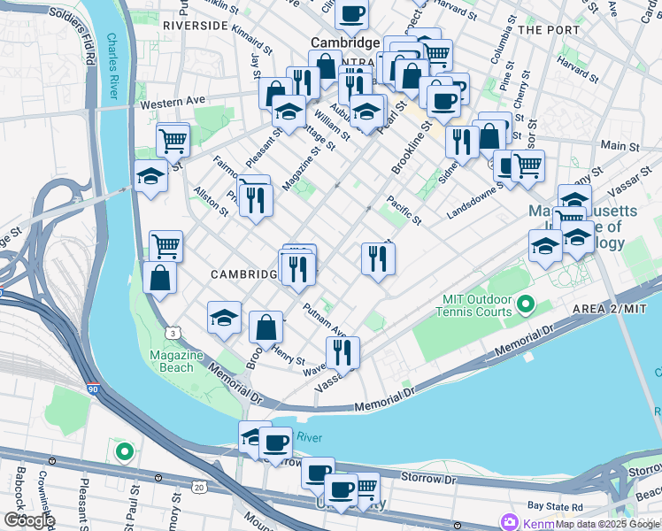map of restaurants, bars, coffee shops, grocery stores, and more near 93 Hamilton Street in Cambridge