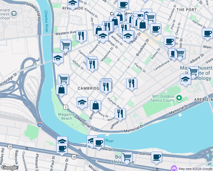 map of restaurants, bars, coffee shops, grocery stores, and more near 137 Allston Street in Cambridge