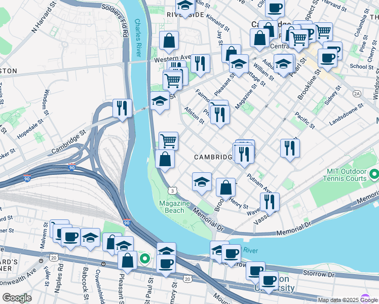 map of restaurants, bars, coffee shops, grocery stores, and more near 139 Magazine Street in Cambridge