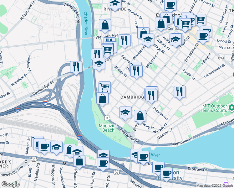 map of restaurants, bars, coffee shops, grocery stores, and more near 139 Magazine Street in Cambridge