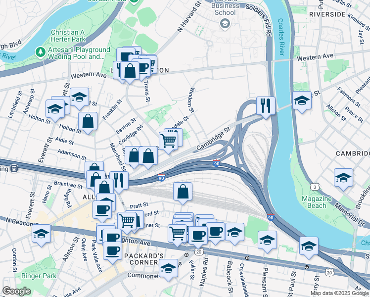 map of restaurants, bars, coffee shops, grocery stores, and more near 197 Cambridge Street in Boston