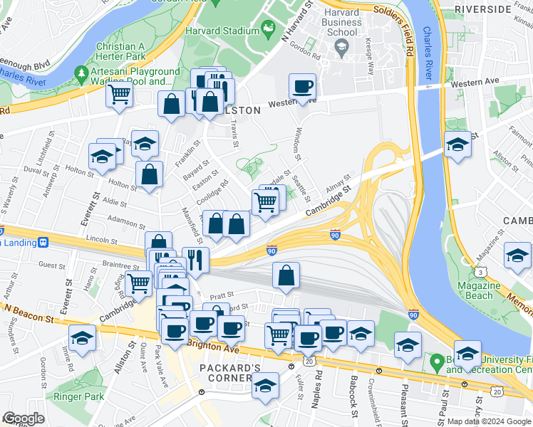 map of restaurants, bars, coffee shops, grocery stores, and more near 76 Empire Street in Boston