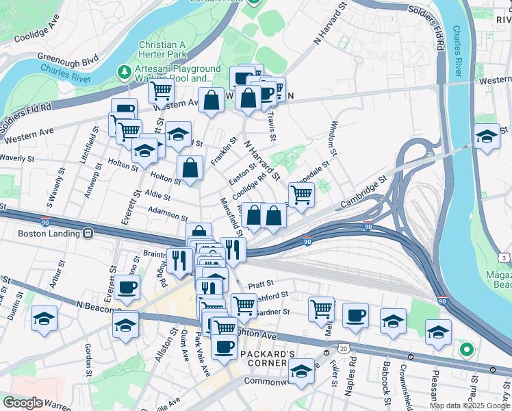 map of restaurants, bars, coffee shops, grocery stores, and more near 10 Holman Street in Boston