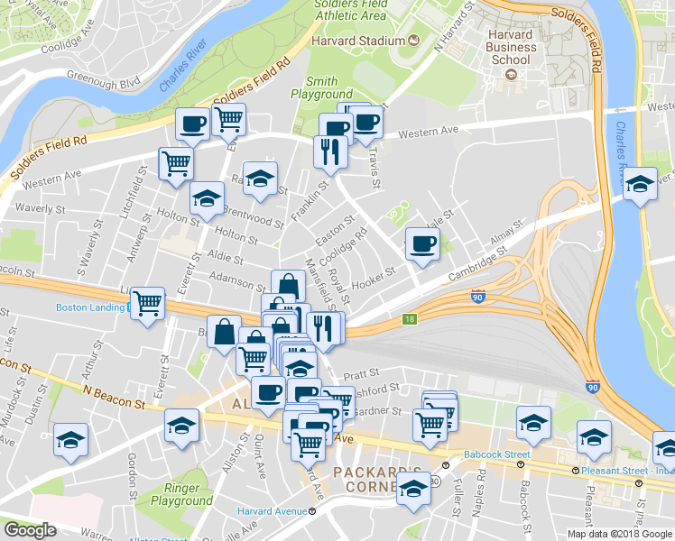 map of restaurants, bars, coffee shops, grocery stores, and more near 10 Holman Street in Boston