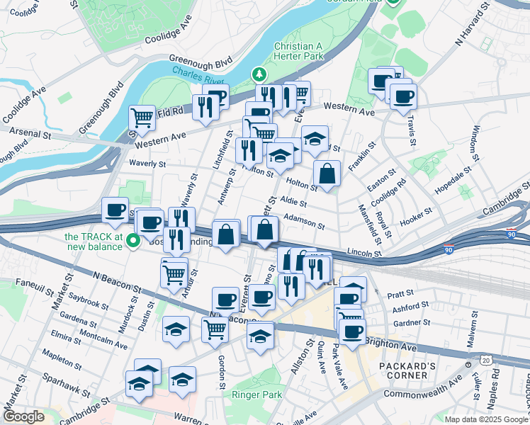 map of restaurants, bars, coffee shops, grocery stores, and more near 163 Everett Street in Boston