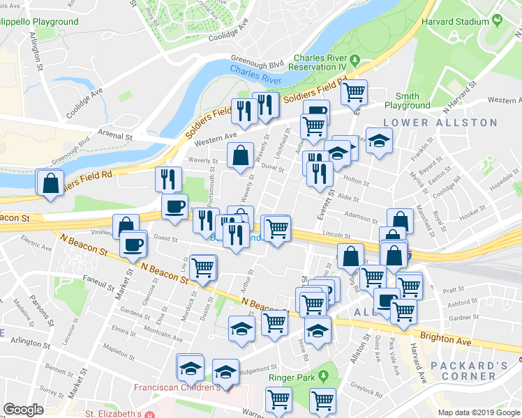 map of restaurants, bars, coffee shops, grocery stores, and more near 6 Litchfield Street in Boston