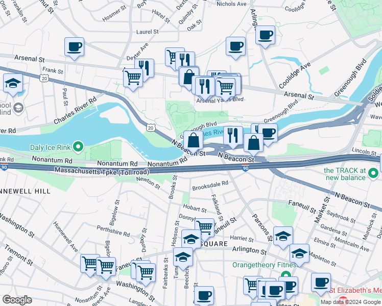 map of restaurants, bars, coffee shops, grocery stores, and more near in Boston