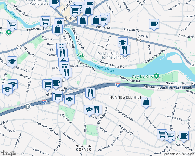 map of restaurants, bars, coffee shops, grocery stores, and more near 76 Charlesbank Road in Newton