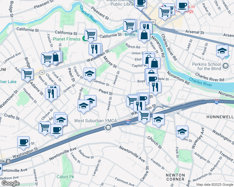 map of restaurants, bars, coffee shops, grocery stores, and more near 105 Pearl Street in Newton