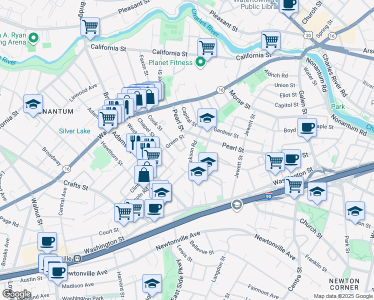 map of restaurants, bars, coffee shops, grocery stores, and more near 105 Kennedy Circle in Newton