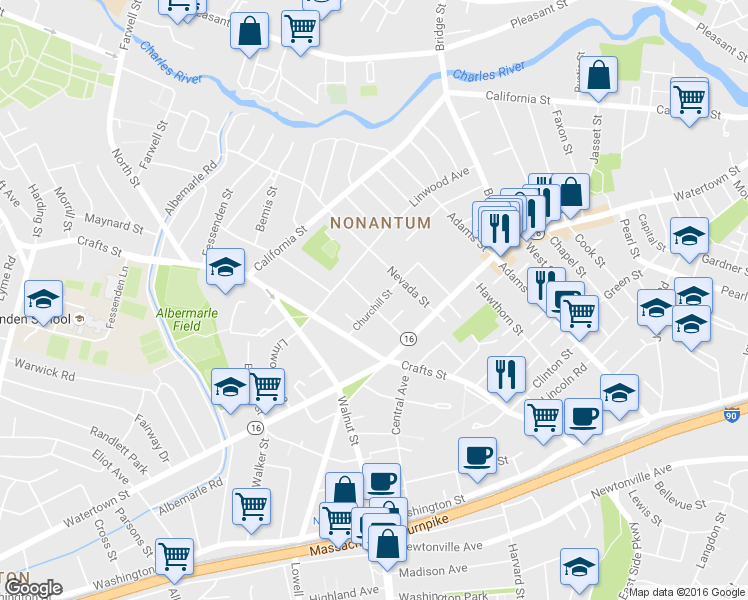 map of restaurants, bars, coffee shops, grocery stores, and more near 50 Broadway in Newton
