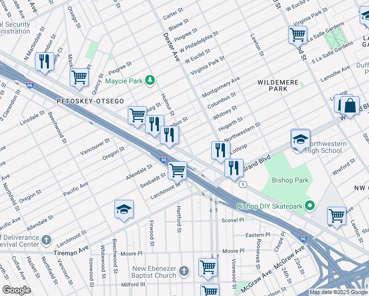 map of restaurants, bars, coffee shops, grocery stores, and more near 7600 Grand River Avenue in Detroit