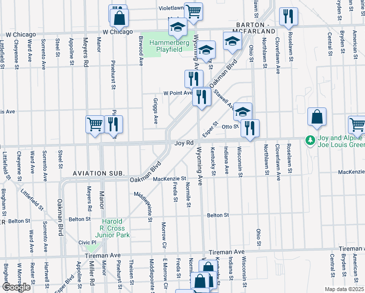 map of restaurants, bars, coffee shops, grocery stores, and more near 5491 Oakman Boulevard in Detroit