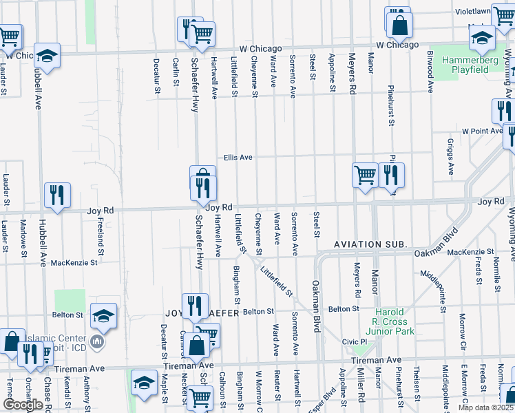map of restaurants, bars, coffee shops, grocery stores, and more near 13111 Joy Road in Detroit