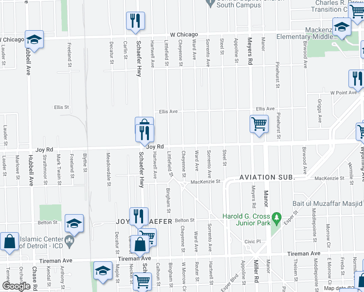 map of restaurants, bars, coffee shops, grocery stores, and more near 13111 Joy Road in Detroit