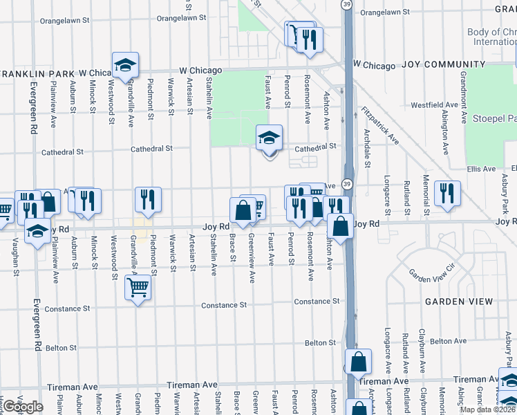 map of restaurants, bars, coffee shops, grocery stores, and more near 8845 Faust Avenue in Detroit