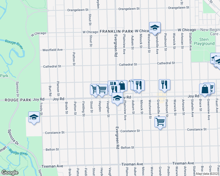 map of restaurants, bars, coffee shops, grocery stores, and more near 8865 Evergreen Road in Detroit