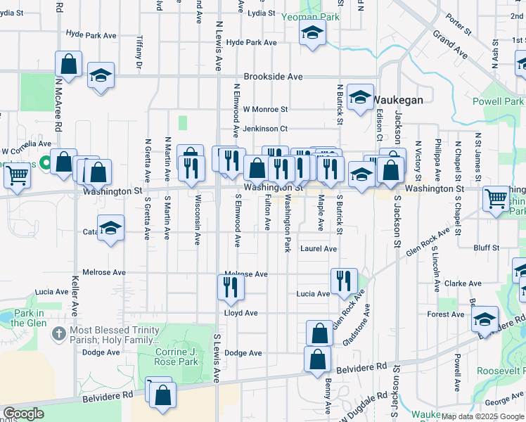 map of restaurants, bars, coffee shops, grocery stores, and more near 31 South Elmwood Avenue in Waukegan