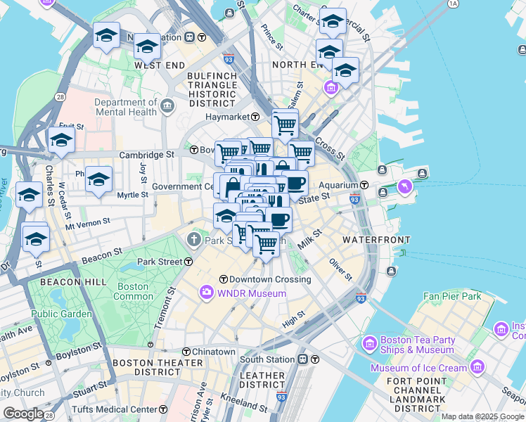 map of restaurants, bars, coffee shops, grocery stores, and more near in Boston