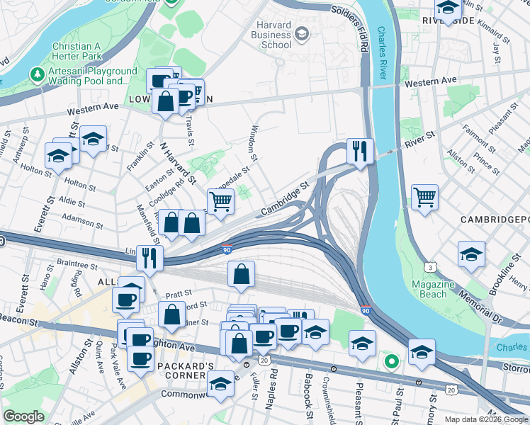 map of restaurants, bars, coffee shops, grocery stores, and more near 200 Cambridge Street in Boston